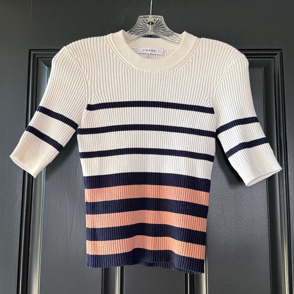 Frame Ribbed Short Sleeve Striped Pullover Sweater in Pink Clay Multi Size XS - Picture 4 of 12